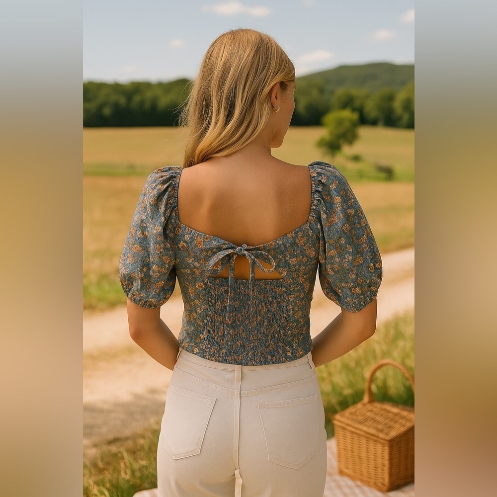 ASTR The Label Blue Ditzy Floral Smocked Back Bodice Boho Crop Top NWT XL #1023 - Picture 3 of 8